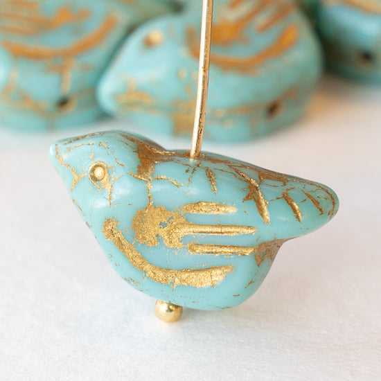 Load image into Gallery viewer, Bird Beads -  Turquoise with Gold - 2 or 6 Birds
