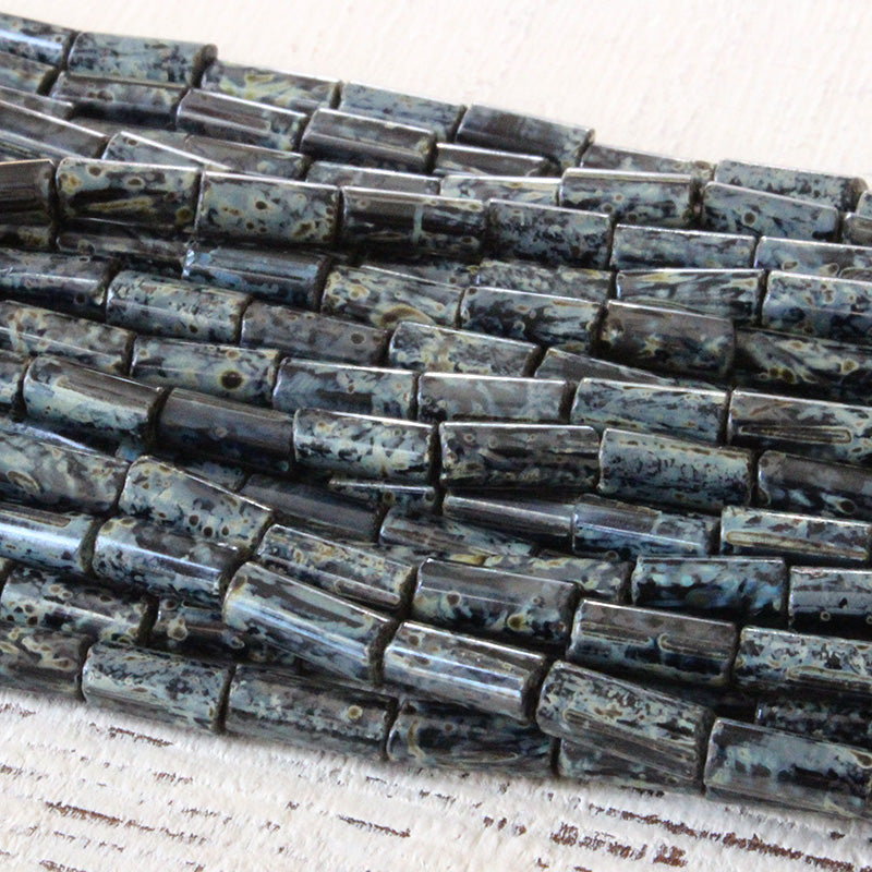 9x4mm Glass Tube Beads - Black Picasso - 20 or 60 Inches