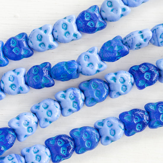 12mm Glass Cat Beads - Blue Mix with Aqua Wash - 10 Beads