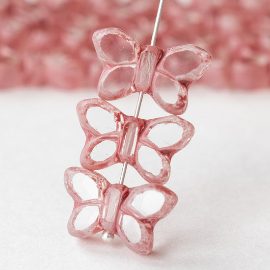 Glass Butterfly Beads - Crystal with Pink - 4 or 12