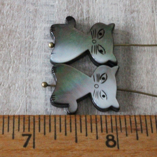 Black Lip Shell Carved Kitty Cat Beads - 1 Pair