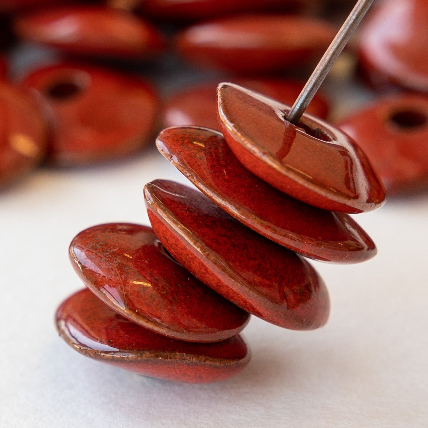 13-18mm Shiny Glazed Ceramic Disk Beads - Crimson Red - 10 or 30