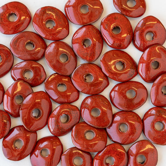13-18mm Shiny Glazed Ceramic Disk Beads - Crimson Red - 10 or 30