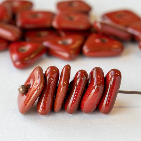 12-13mm Shiny Glazed Ceramic Chip Beads - Crimson Red - 6, 12 or 36