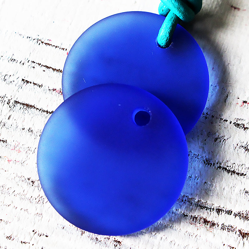 25mm Frosted Glass Coin Pendant - Cobalt - 2 or 6 Beads