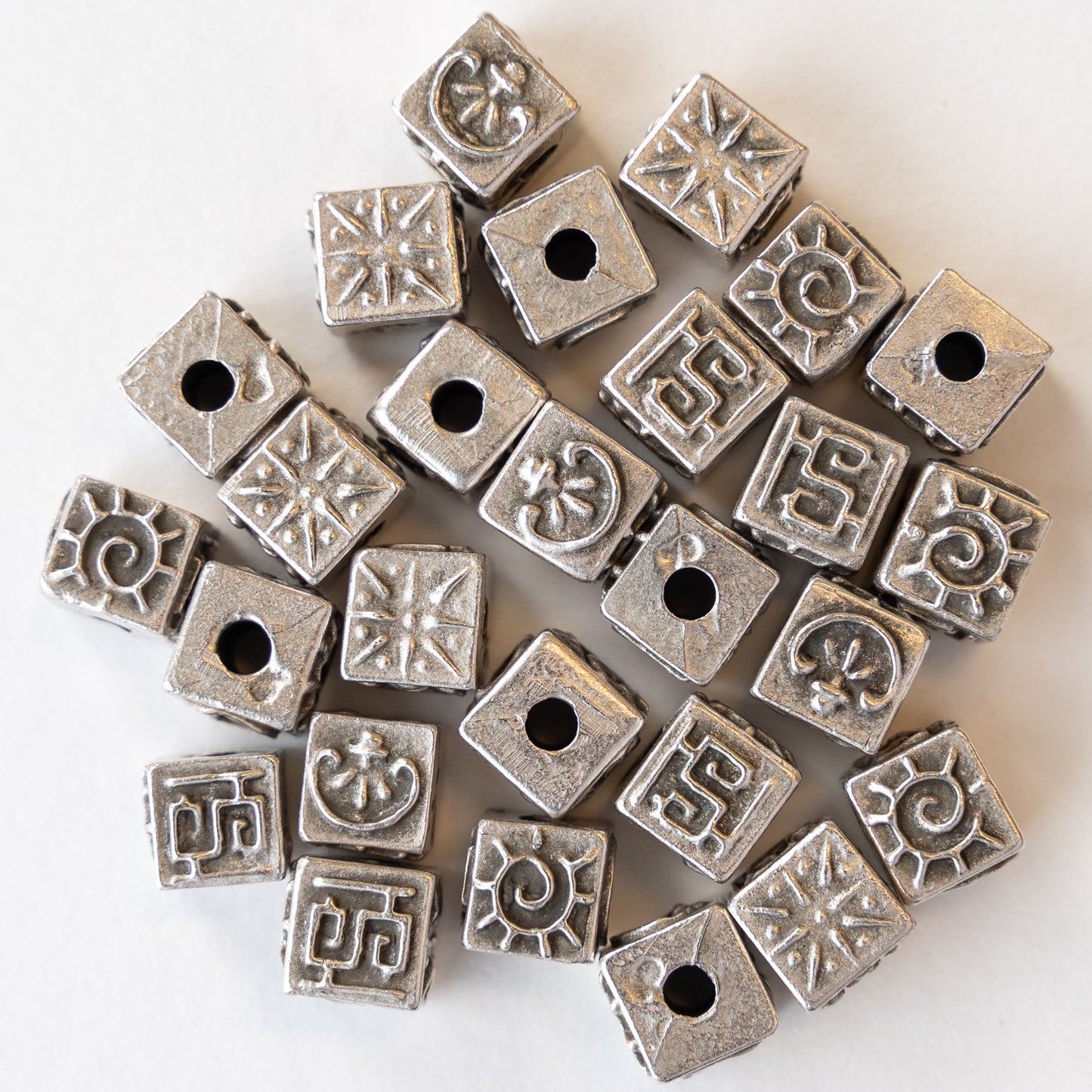 9mm Cube Beads with Design Beads - Pewter - 6 cubes