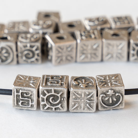 9mm Cube Beads with Design Beads - Pewter - 6 cubes