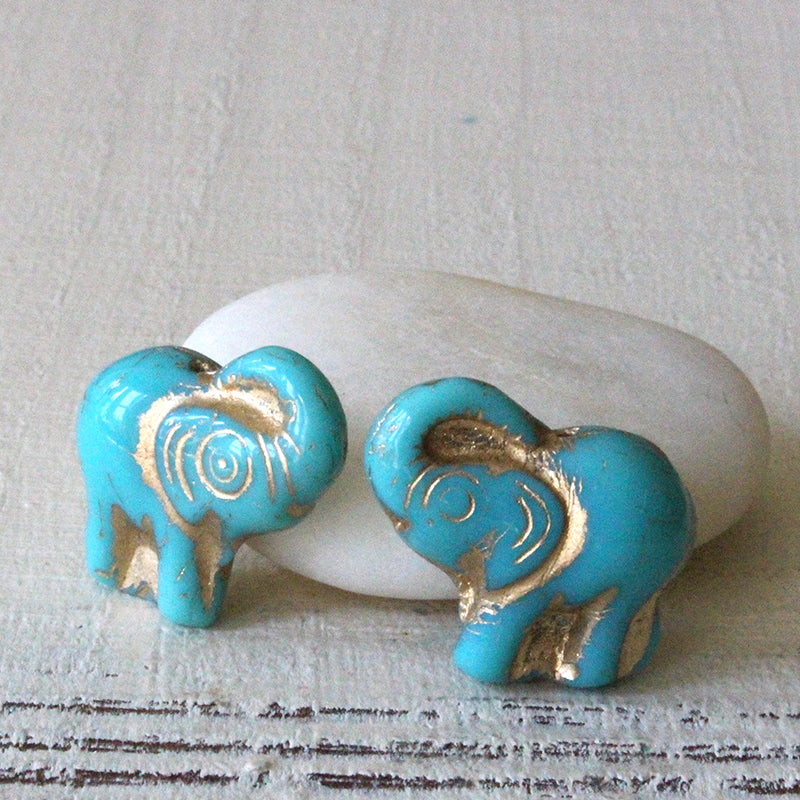 Load image into Gallery viewer, Glass Elephant Beads - Turquoise with Gold Decor 20x21mm - 5, 10 or 20
