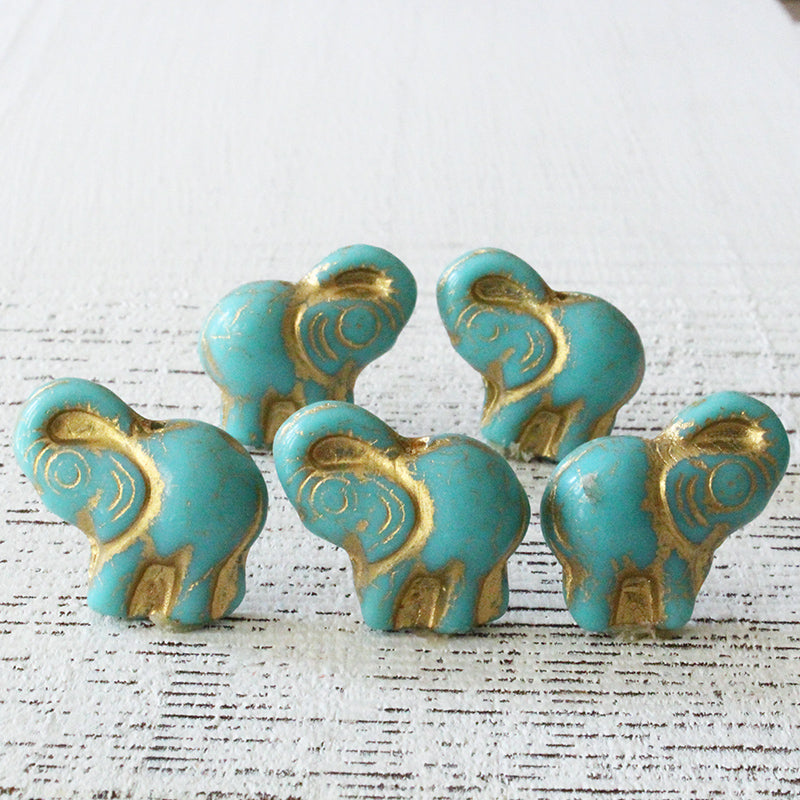 Load image into Gallery viewer, Glass Elephant Beads - Turquoise with Gold Decor 20x21mm - 5, 10 or 20
