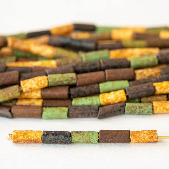 9x4mm Glass Tube Beads - Turquoise Brown Mix - 20 or 60 Inches