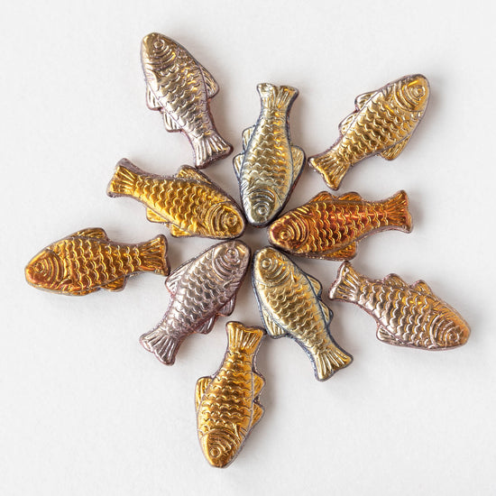 Glass Fish Beads - Shiny Metallic Gold Mix - 6 or 12