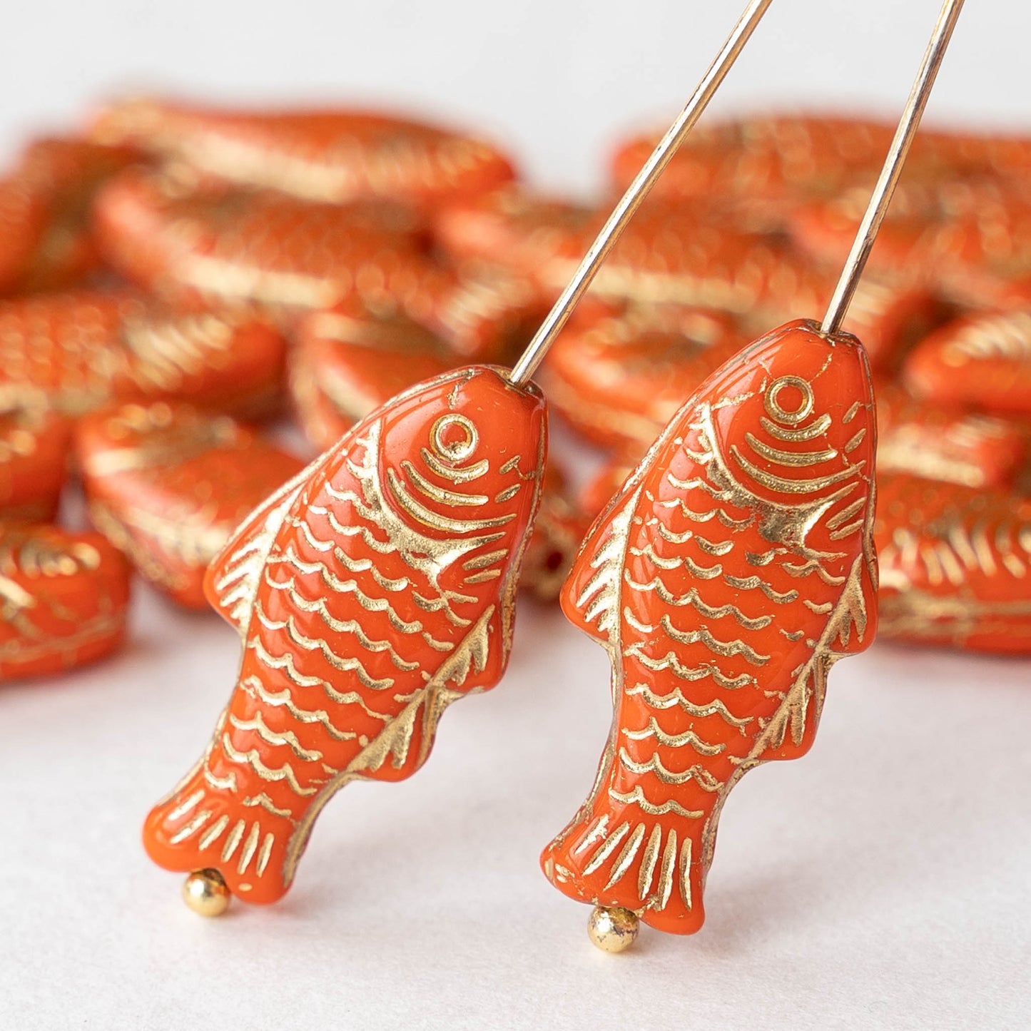 Glass Fish Beads - Opaque Orange with Gold - 6 or 12