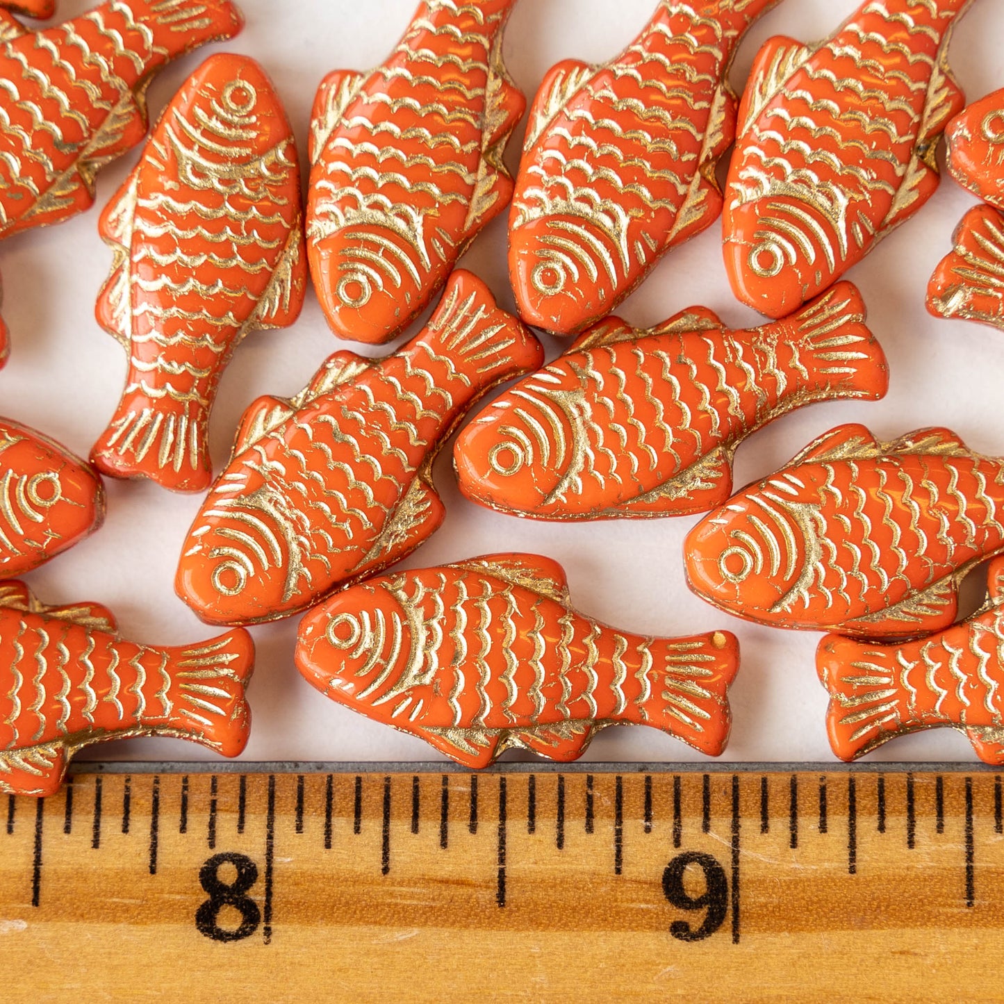 Glass Fish Beads - Opaque Orange with Gold - 6 or 12