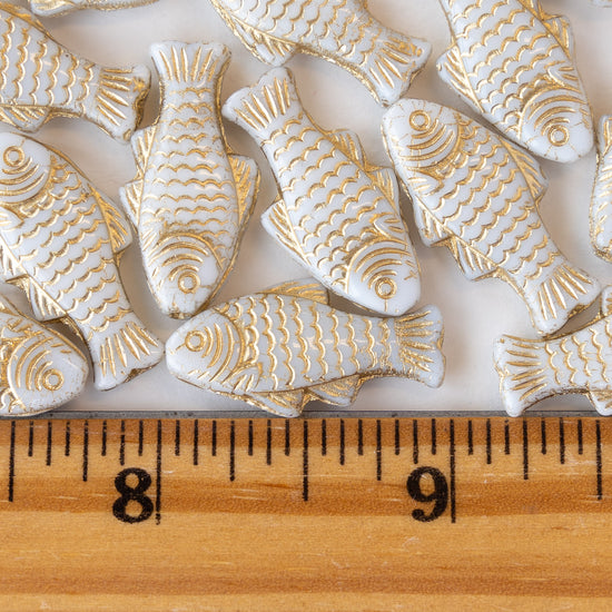 Glass Fish Beads - Ivory with Gold Wash - 6 or 12