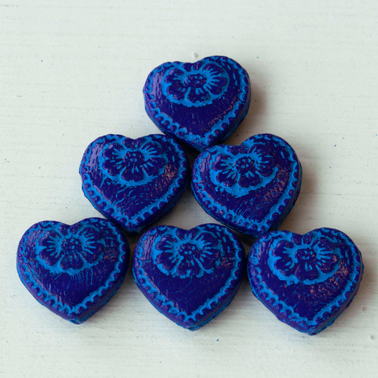17mm Glass Heart Beads - Blue with Aqua Wash - 15