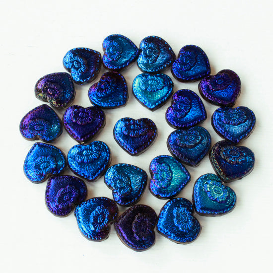 17mm Glass Heart Beads - Shiny Metalic Blue - 15