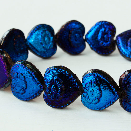 17mm Glass Heart Beads - Shiny Metalic Blue - 15