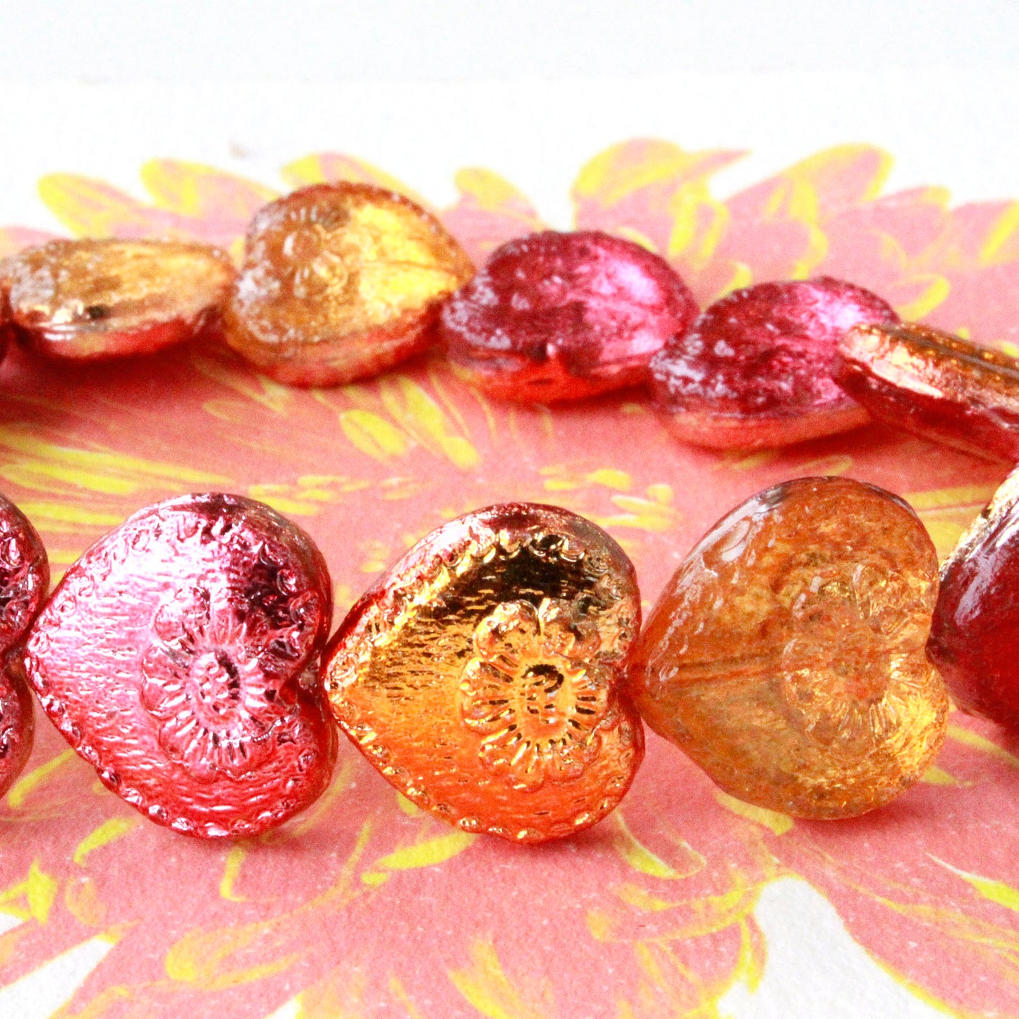 17mm Glass Heart Beads - Pink and Orange - 15 beads