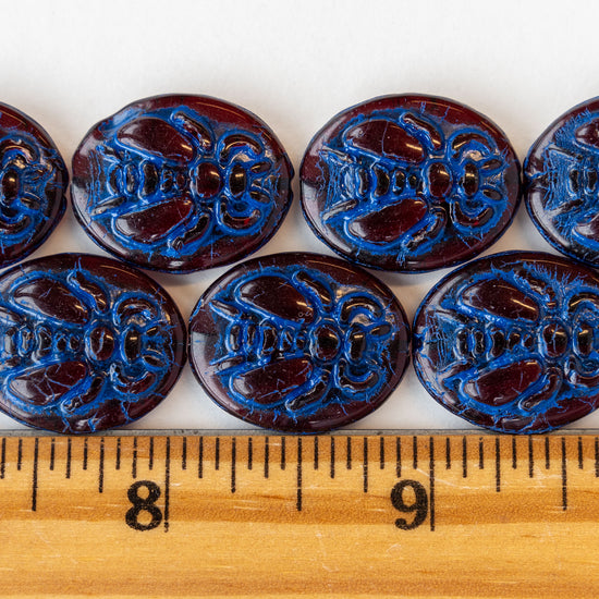 Glass Honey Bee Beads - Deep Red with Blue Wash -  2 Beads