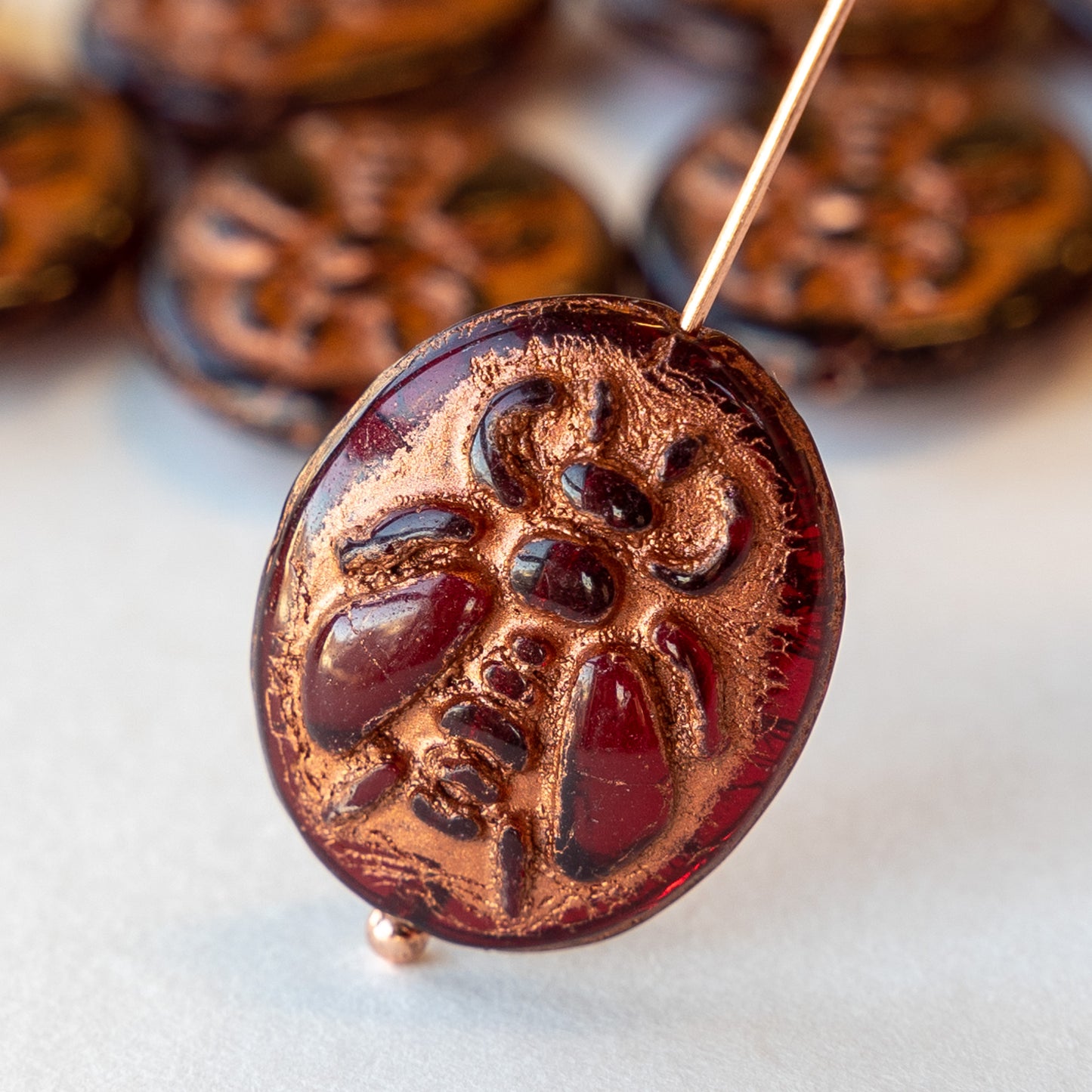 Load image into Gallery viewer, 18x21mm Glass Honey Bee Beads - Deep Red with Copper wash  -  2 Beads
