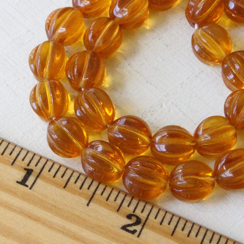 10mm Glass Melon Beads - Amber - 20 Beads