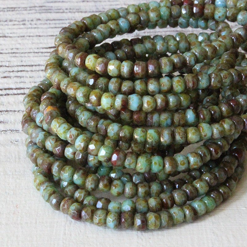 2x3mm Rondelle Beads - Olive Green, Red and Turquoise Picasso - 50 Beads
