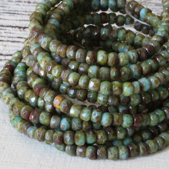 2x3mm Rondelle Beads - Olive Green, Red and Turquoise Picasso - 50 Beads