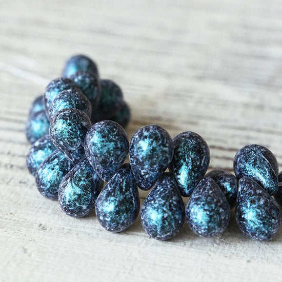 9x6mm Teardrop Beads -  - 6x9mm Etched Tear Drop Beads (25 drops) Metallic Etched Blue Black