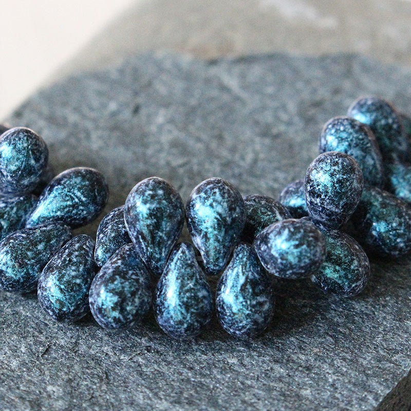9x6mm Teardrop Beads -  - 6x9mm Etched Tear Drop Beads (25 drops) Metallic Etched Blue Black