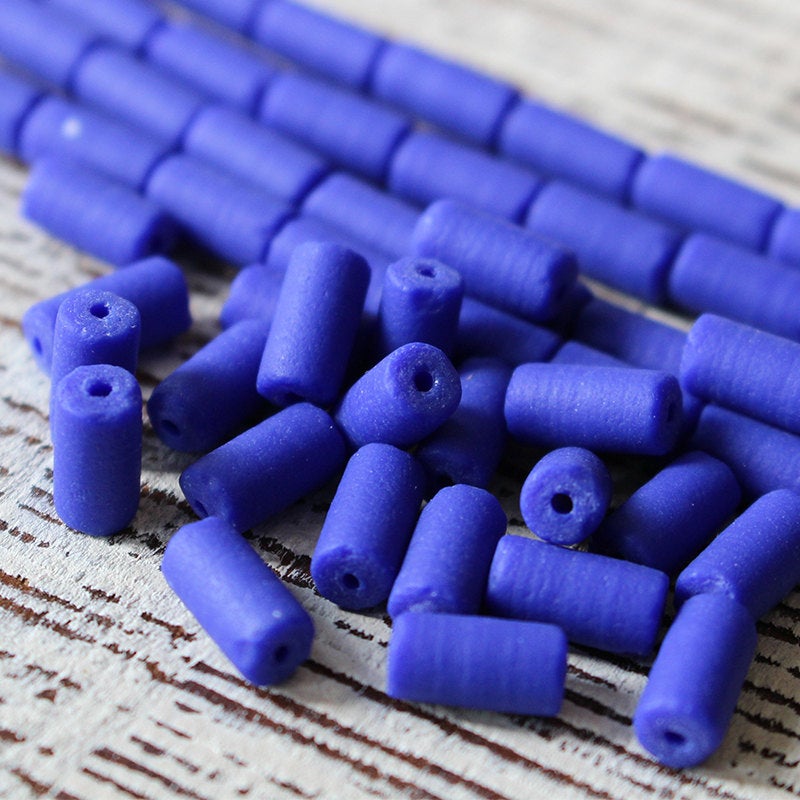 4x9mm Frosted Glass Tube Beads - Opaque Blue - 48 Beads