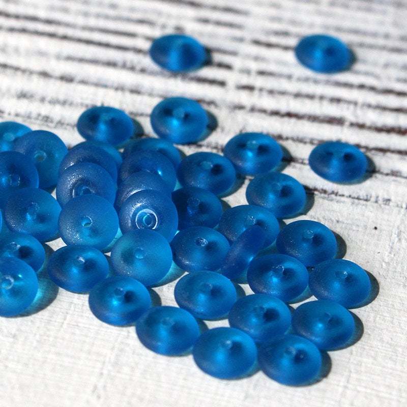 6mm Frosted Glass Rondelle - Capri Blue - 100 Beads