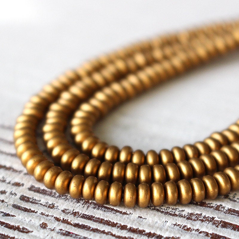 4mm Rondelle Beads - Antique Gold Matte Saucer Beads - 100 beads