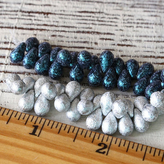9x6mm Teardrop Beads -  - 6x9mm Etched Tear Drop Beads (25 drops) Metallic Etched Blue Black