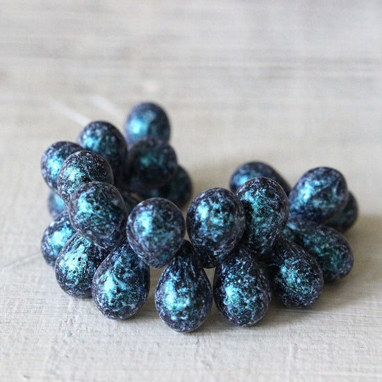 9x6mm Teardrop Beads -  - 6x9mm Etched Tear Drop Beads (25 drops) Metallic Etched Blue Black