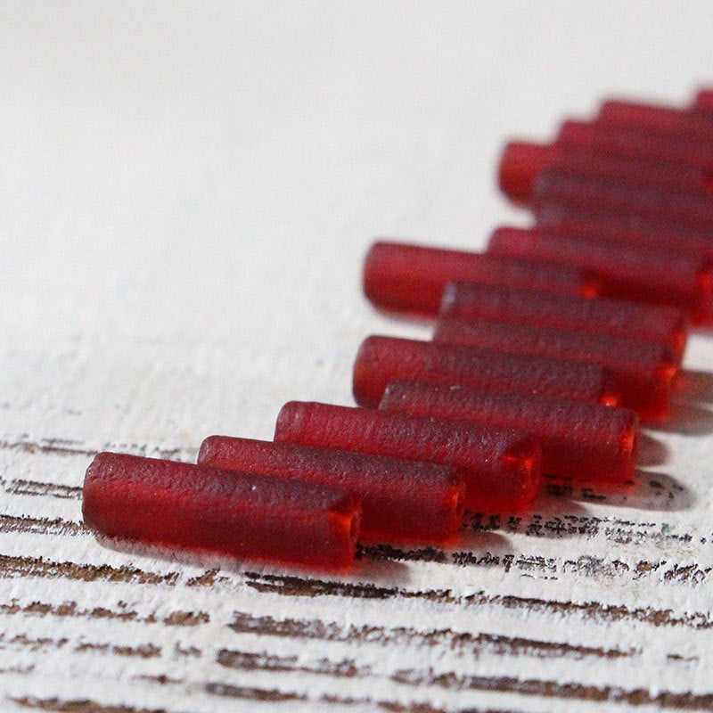 4x14mm Frosted Glass Tube Beads - Transparent Red