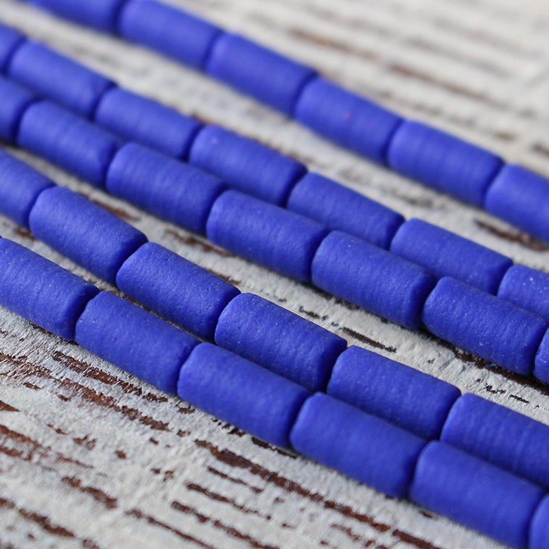 4x9mm Frosted Glass Tube Beads - Opaque Blue - 48 Beads