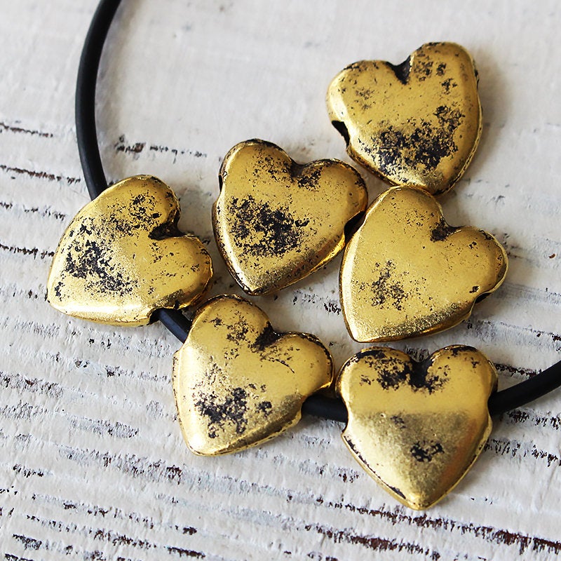 14mm Mykonos Metal Heart Beads - Gold