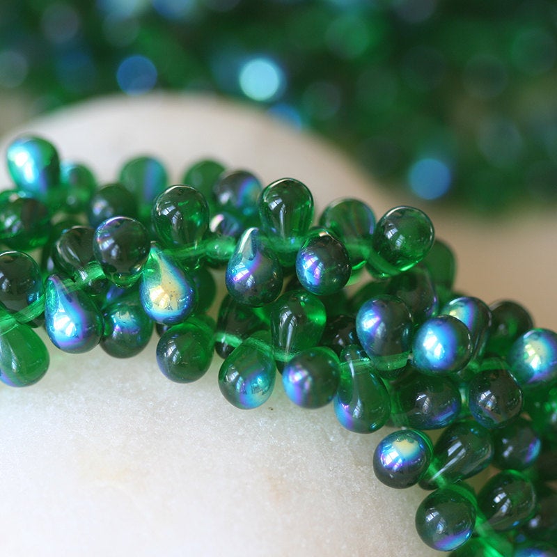 6x4mm Glass Teardrop Beads  - Emerald Green AB - 100 Beads