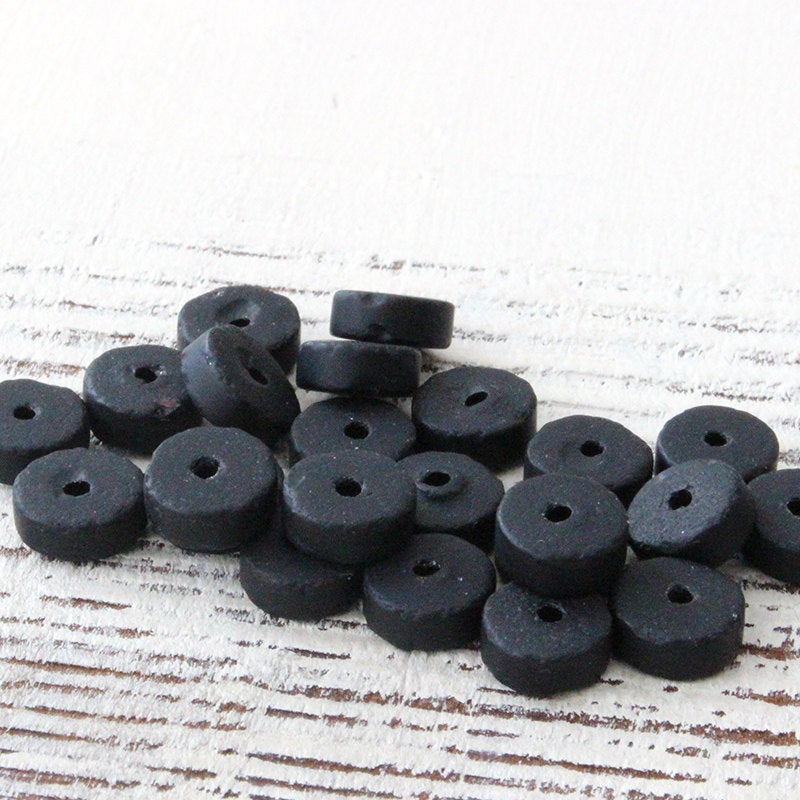 9mm Frosted Glass Heishi Beads - Opaque Black - 72 Beads