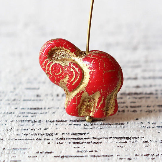 20x21mm Glass Elephant Beads - Red with Gold Decor - 5, 10 or 20