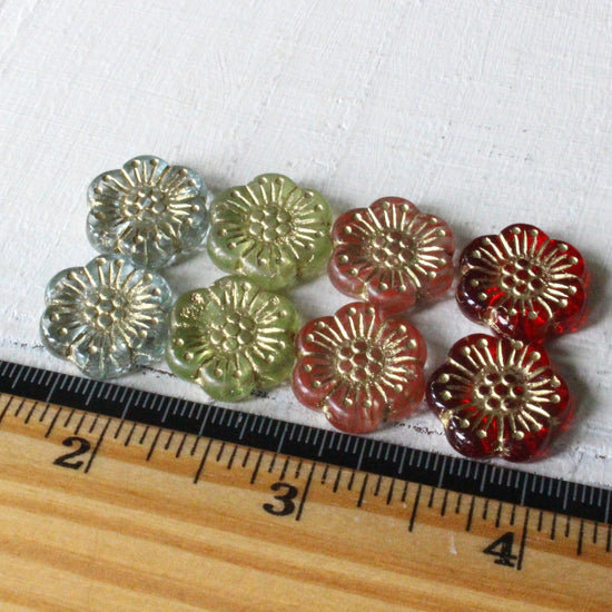 18mm - Anemone Flower Beads - Opaque Olive Green with Gold - 10 or 30