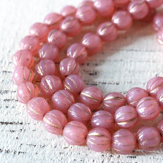 6mm Melon Beads - Opal Pink with Gold Decor - 50 Beads