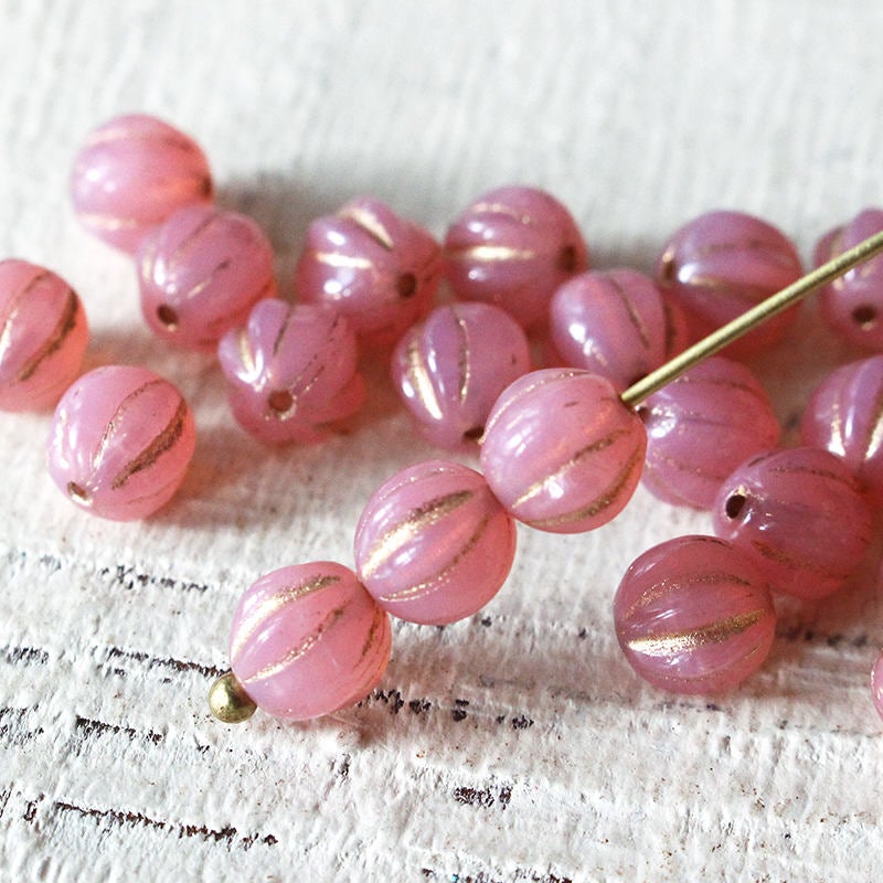 6mm Melon Beads - Opal Pink with Gold Decor - 50 Beads
