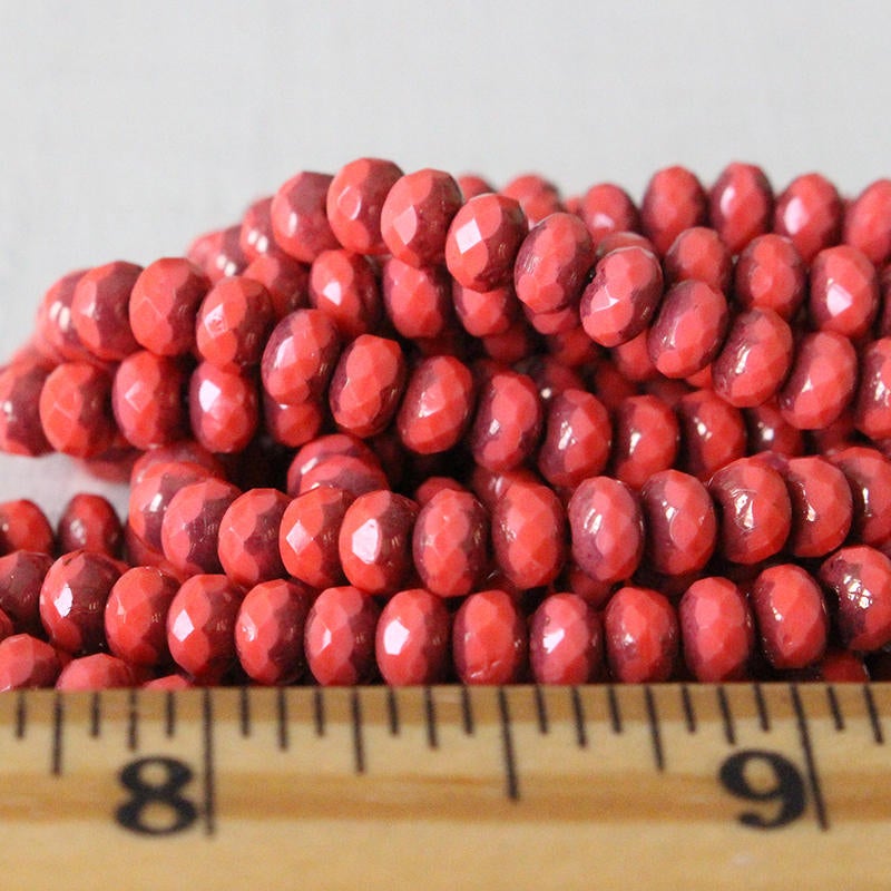 3x5mm Rondelles - Coral Red with Picasso  - 30 Beads