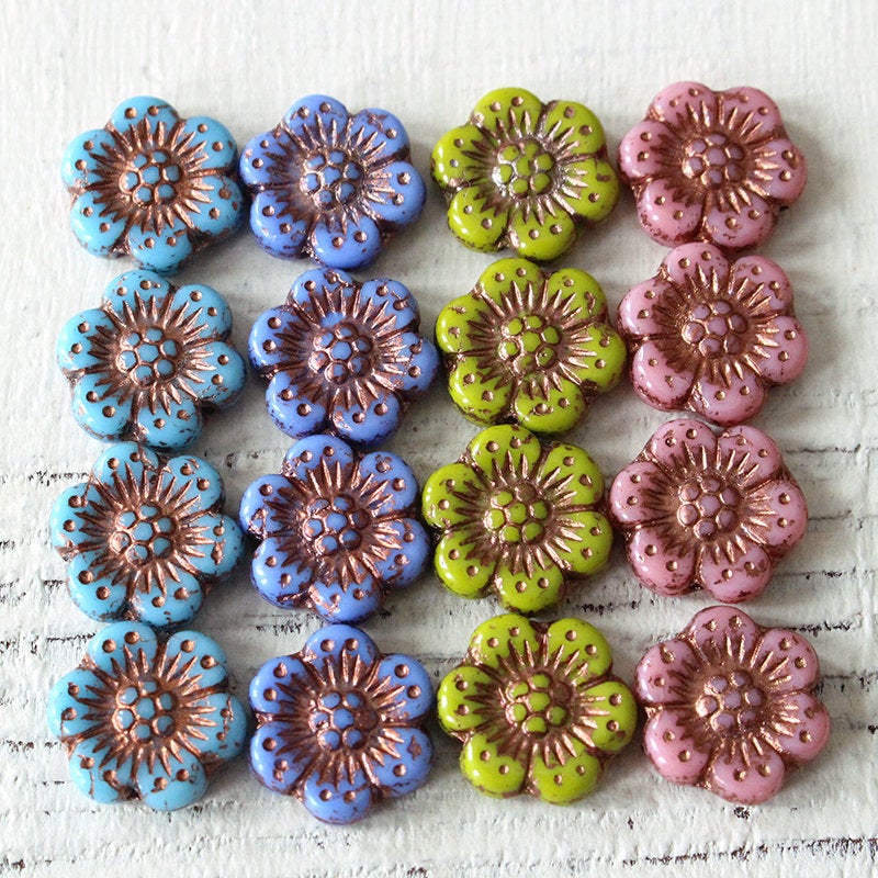 Anemone Flower Beads - 14mm - Opaque Anemone Colors with Copper Decor - Choose Color