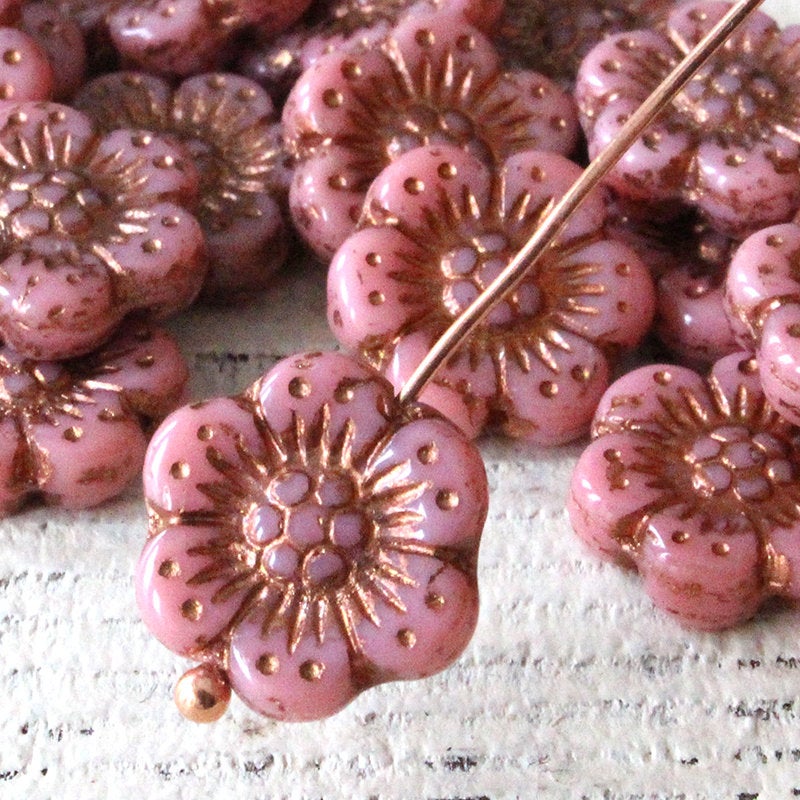 Anemone Flower Beads - 14mm - Opaque Anemone Colors with Copper Decor - Choose Color