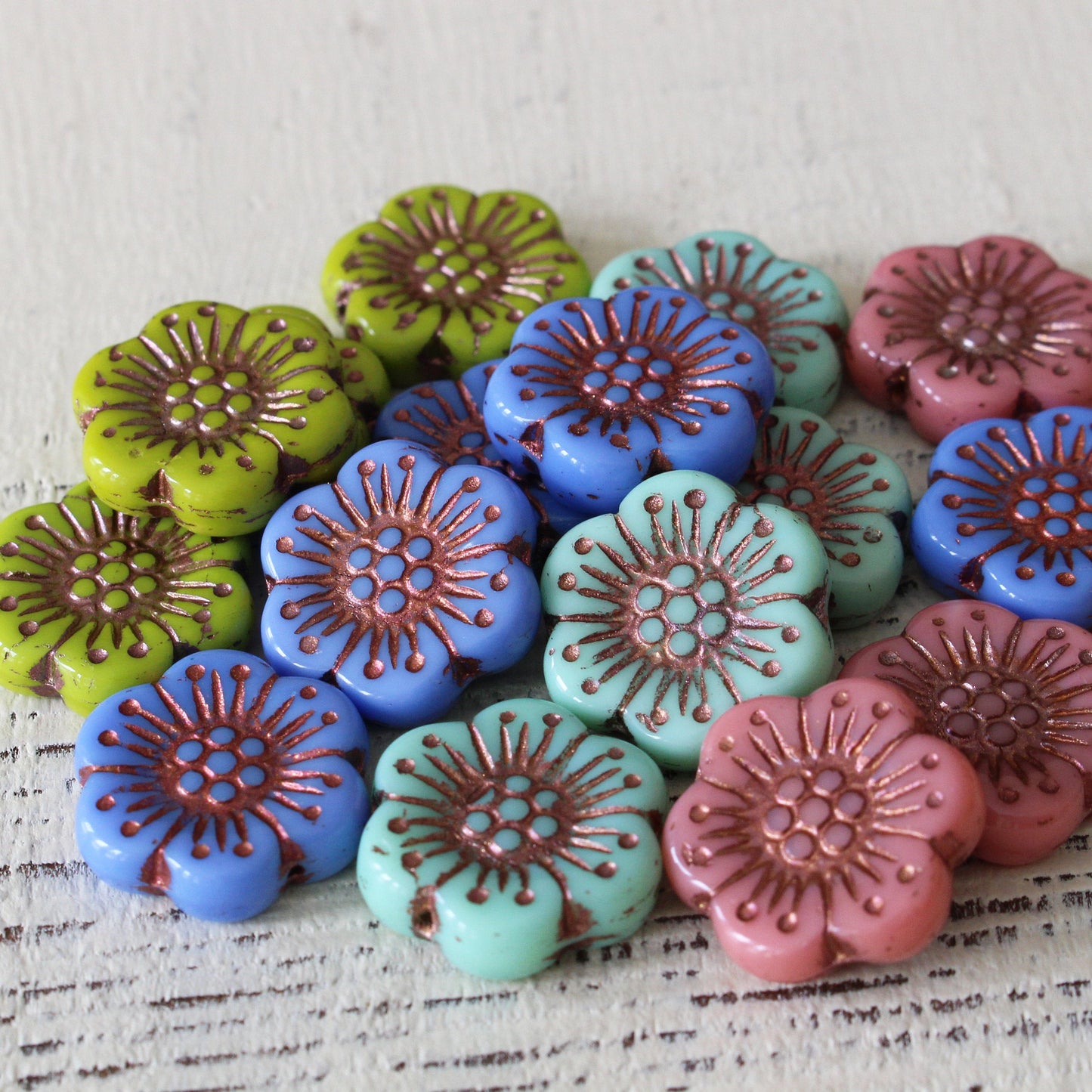 Load image into Gallery viewer, Anemone Flower Beads - 18mm - Opaque Colors with Copper Decor - Choose Color
