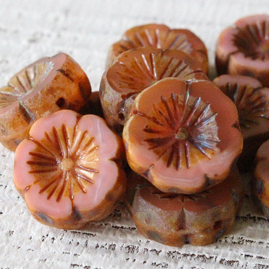 14mm Hibiscus Flower Bead - Opaque Pink Orange Mix - 10 Beads
