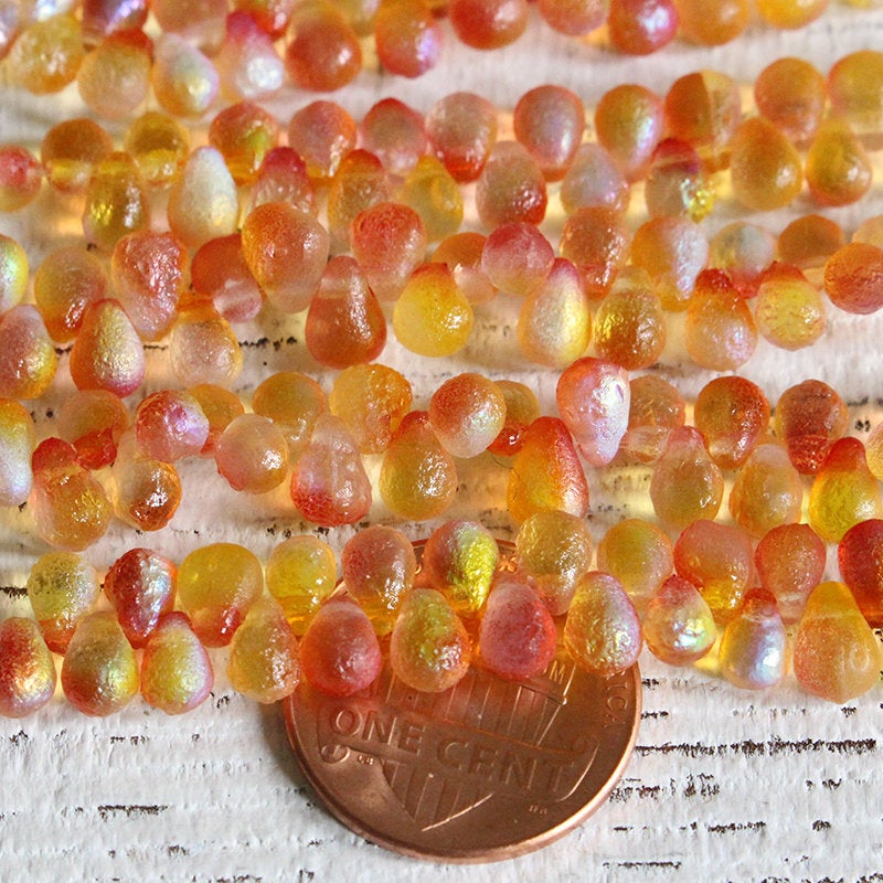 Load image into Gallery viewer, 4x6mm Glass Teardrop Beads - Etched Orange Yellow AB - 50 beads
