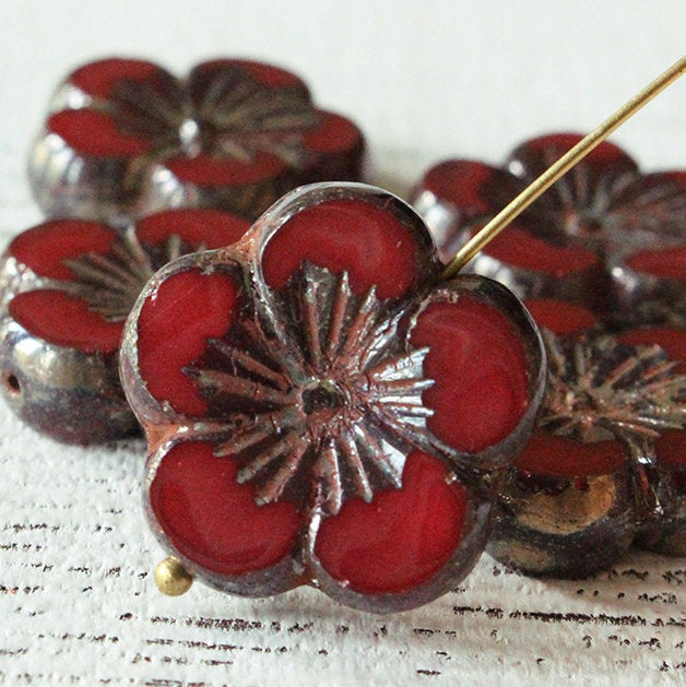 21mm Hibiscus Flower Beads - Red Picasso - Choose Amount